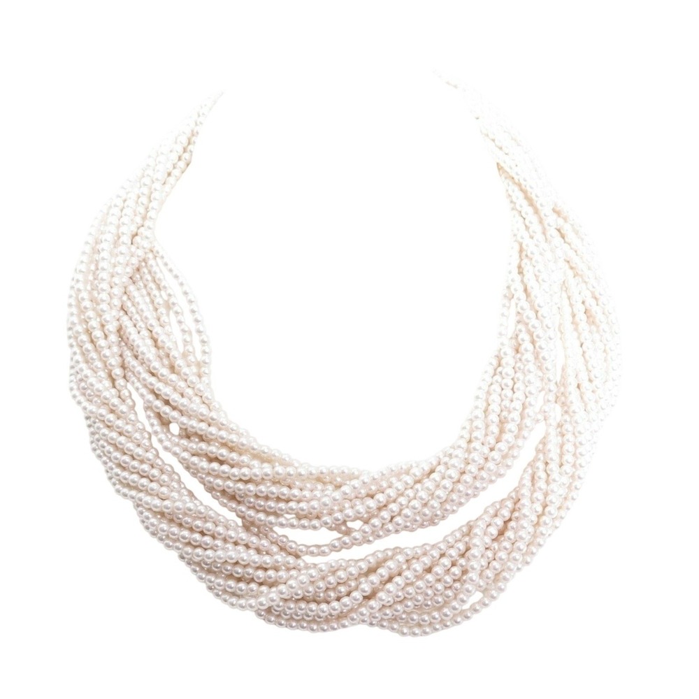 VINTAGE 12‎ STRAND TWISTED SMALL CREAM GLASS FAUX PEARL BEADS 34" LONG NECKLACE